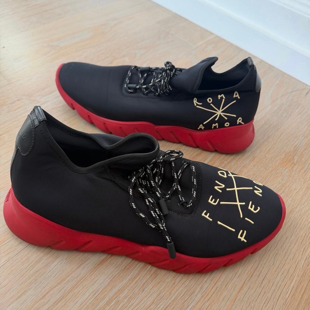 Fendi Roma Amor Sneakers Black Red Men’s Size 11 Designer Knit Shoes